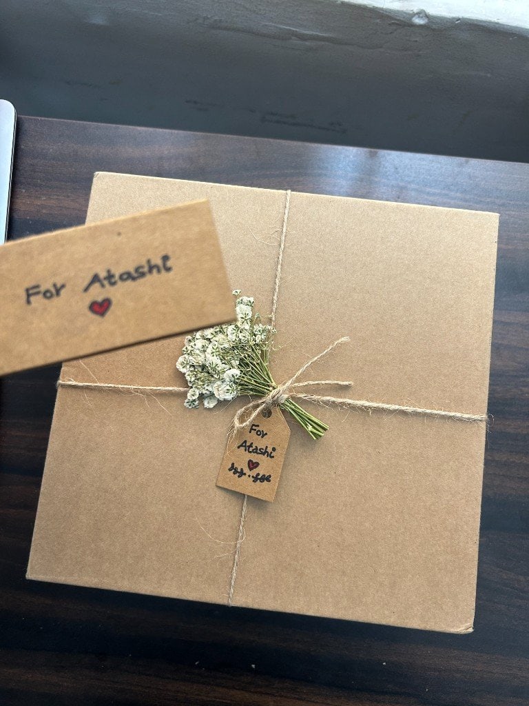 The handmade gift box, sealed.